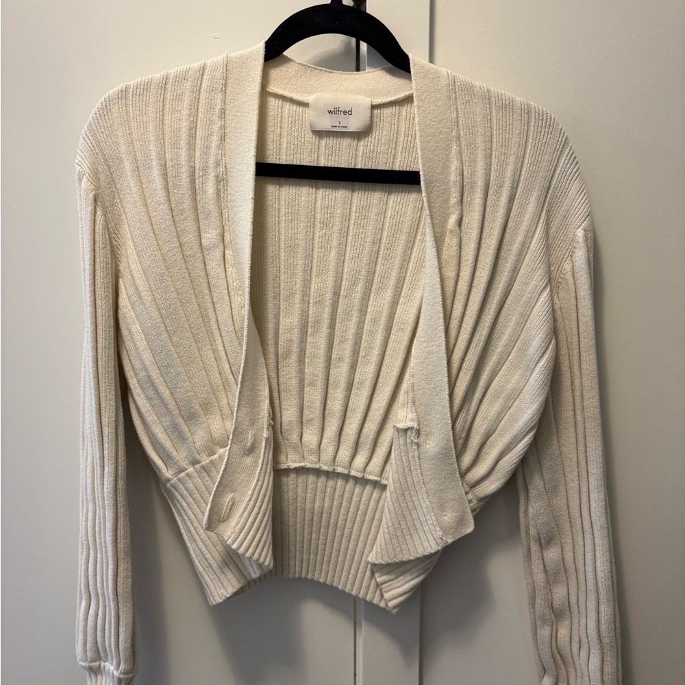 Wilfred Ivory Ribbed Open-Front Cropped Cardigan